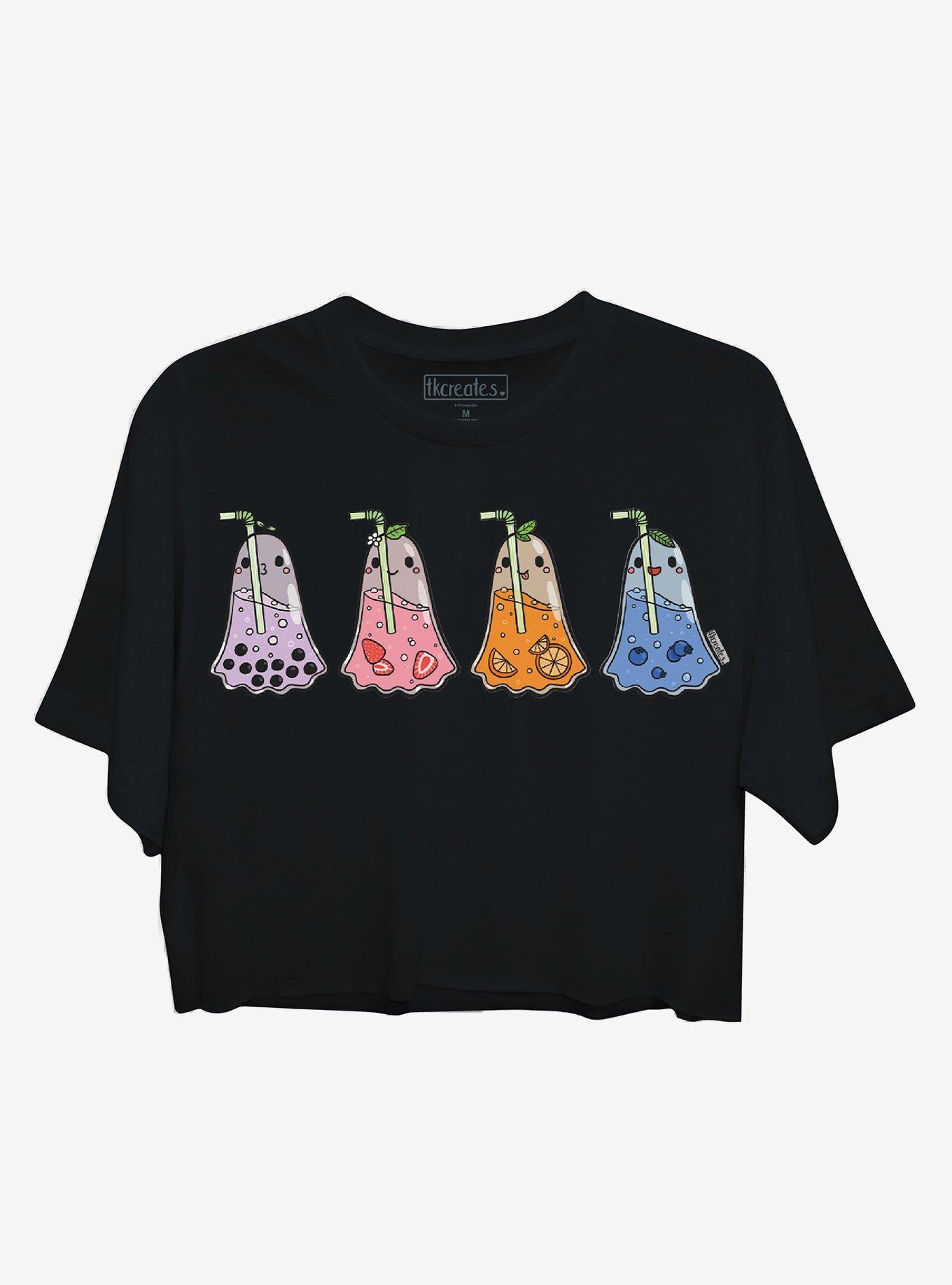 Colorful Ghost Drinks Boyfriend Fit Crop Girls T-Shirt By TKcreates, MULTI, hi-res