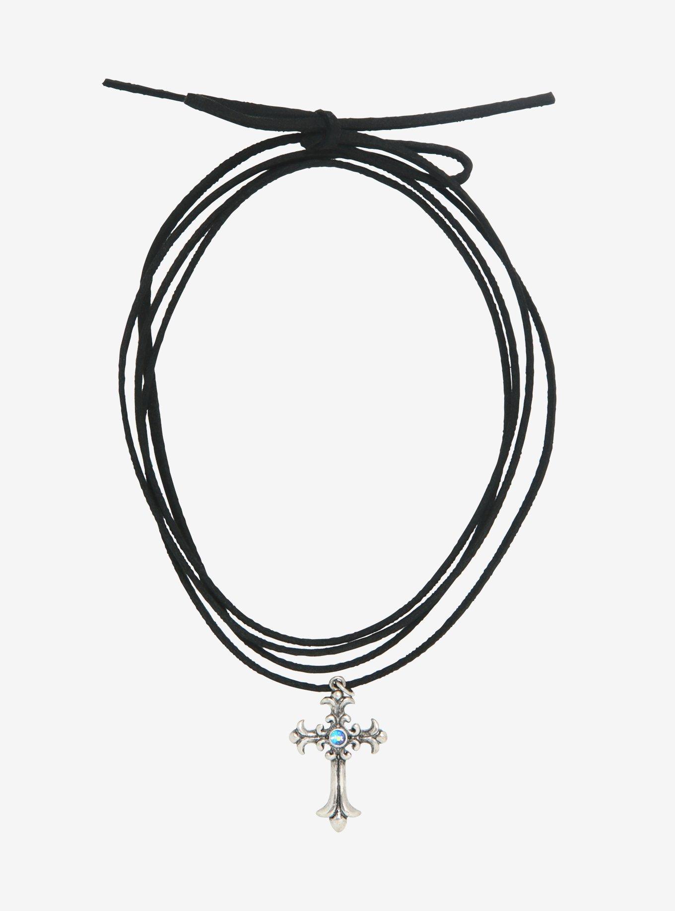 Gem Cross Suede Cord Wrap Necklace