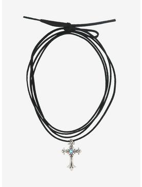 Gem Cross Suede Cord Wrap Necklace, , hi-res