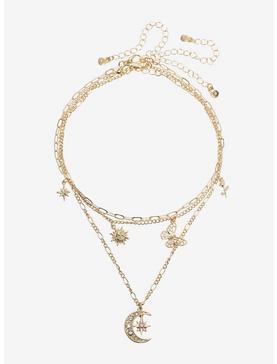 Sparkle Crescent Moon Gold Charm Necklace Set, , hi-res