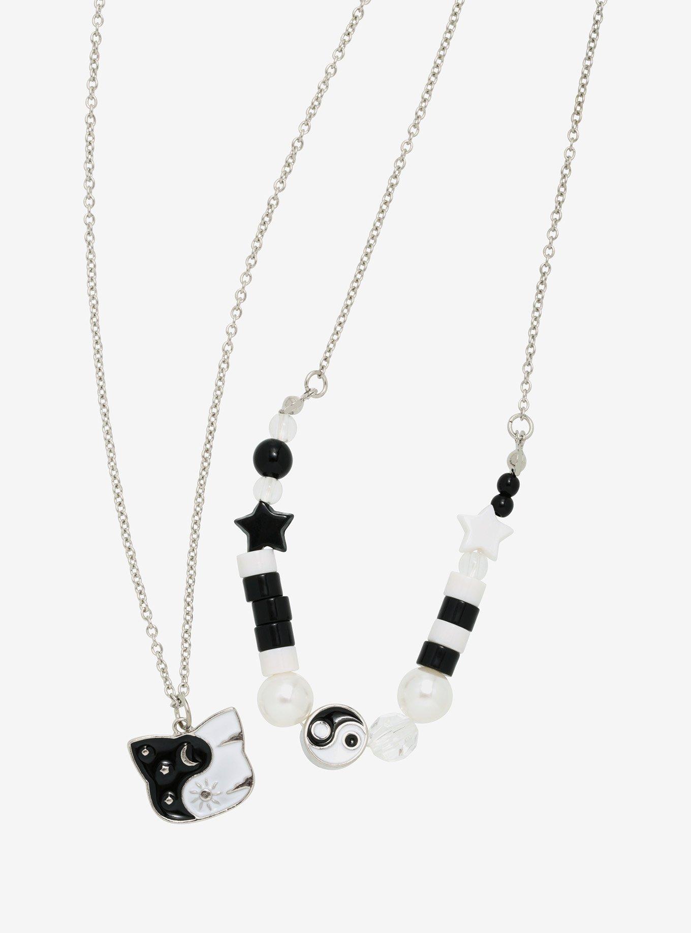 Black & White Yin-Yang Cat Beaded Necklace Set, , hi-res