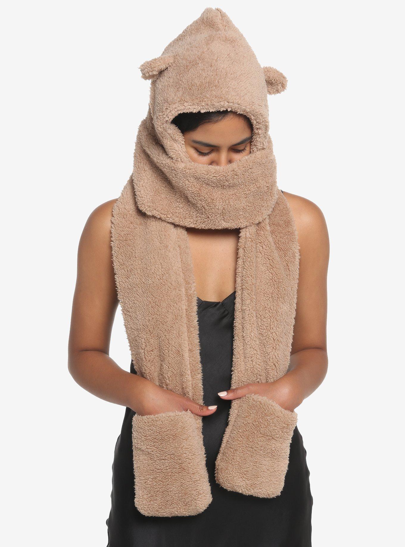 Brown Fuzzy Teddy Bear Hat Scarf, , hi-res
