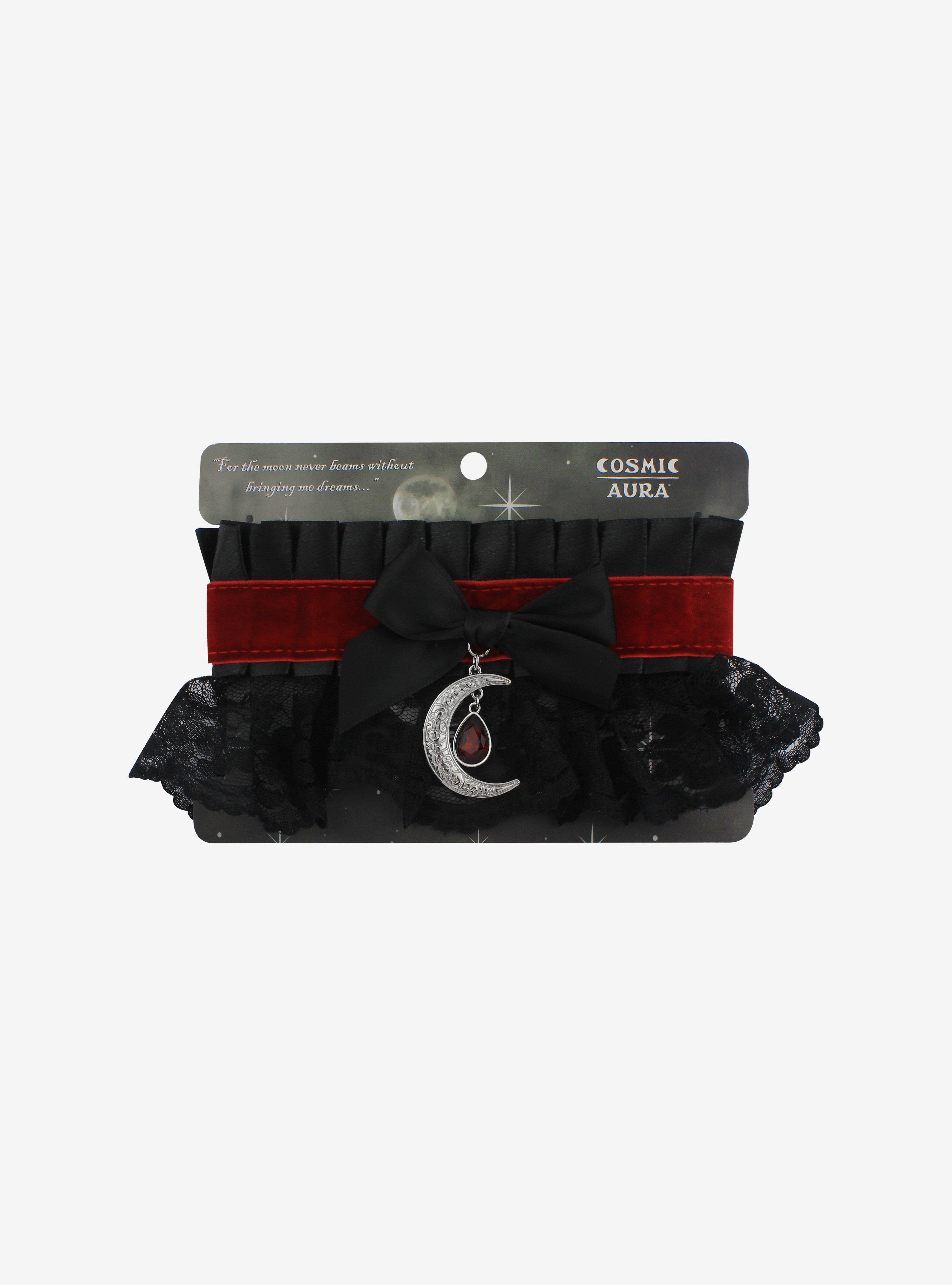 Crescent Moon Red Velvet Black Lace Choker, , hi-res