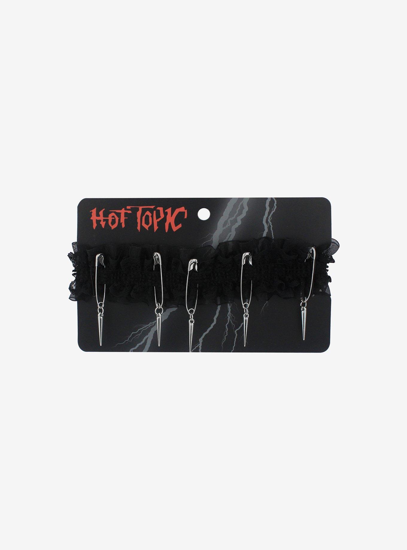 Black Lace Safety Pin Spiked Choker, , hi-res