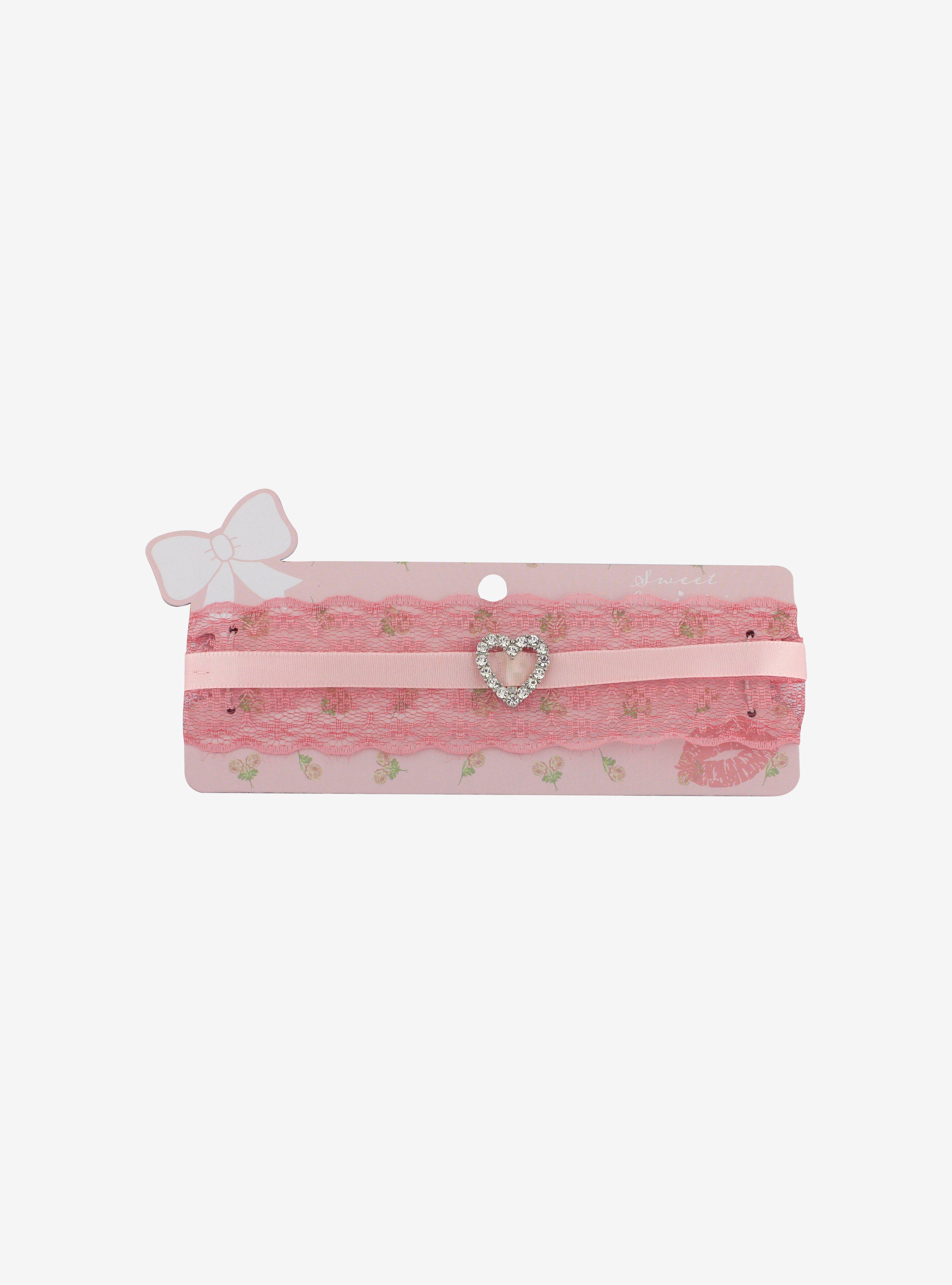 Pink Rhinestone Heart Lace Choker, , hi-res