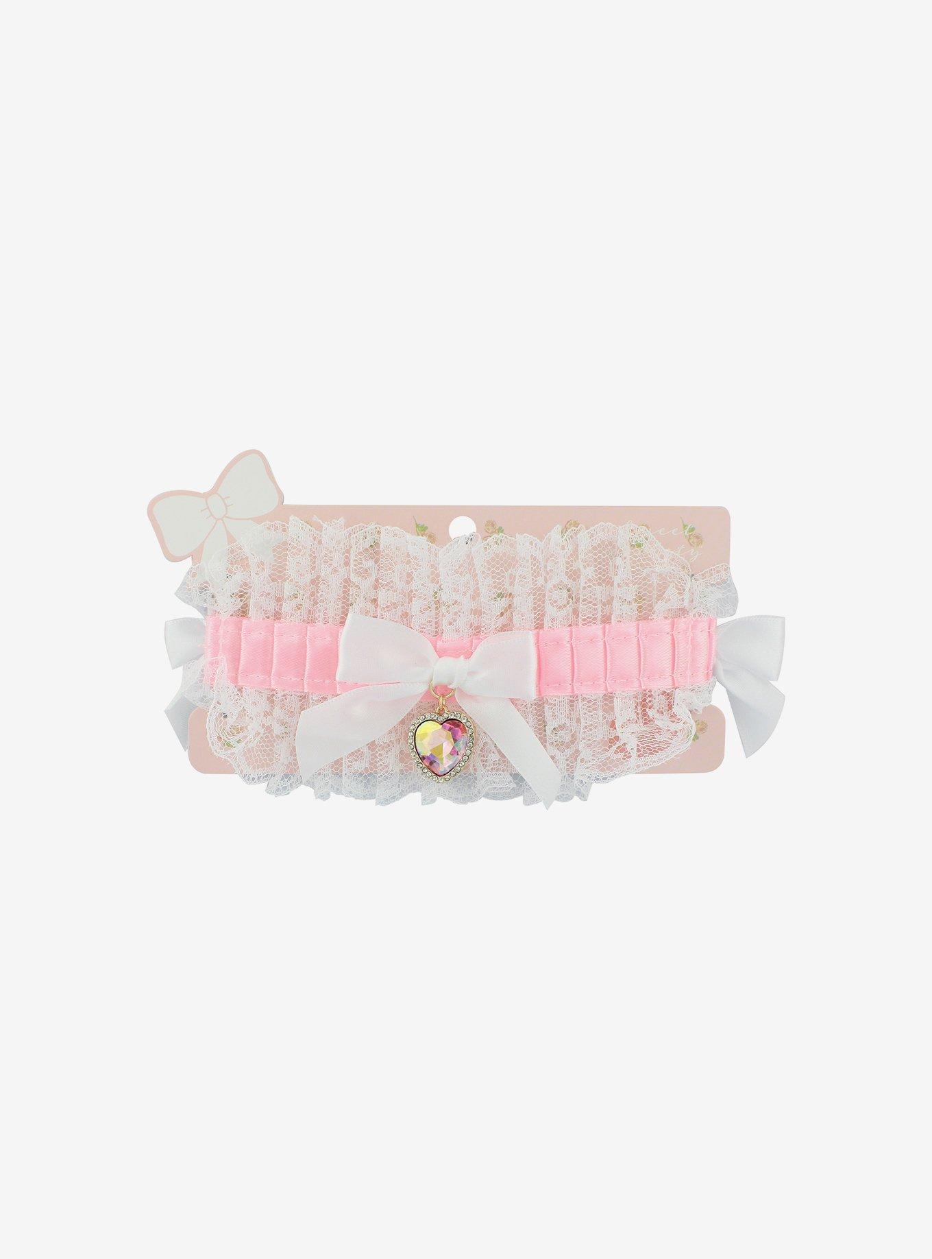 Pink & White Lace Ruffle Choker, , hi-res