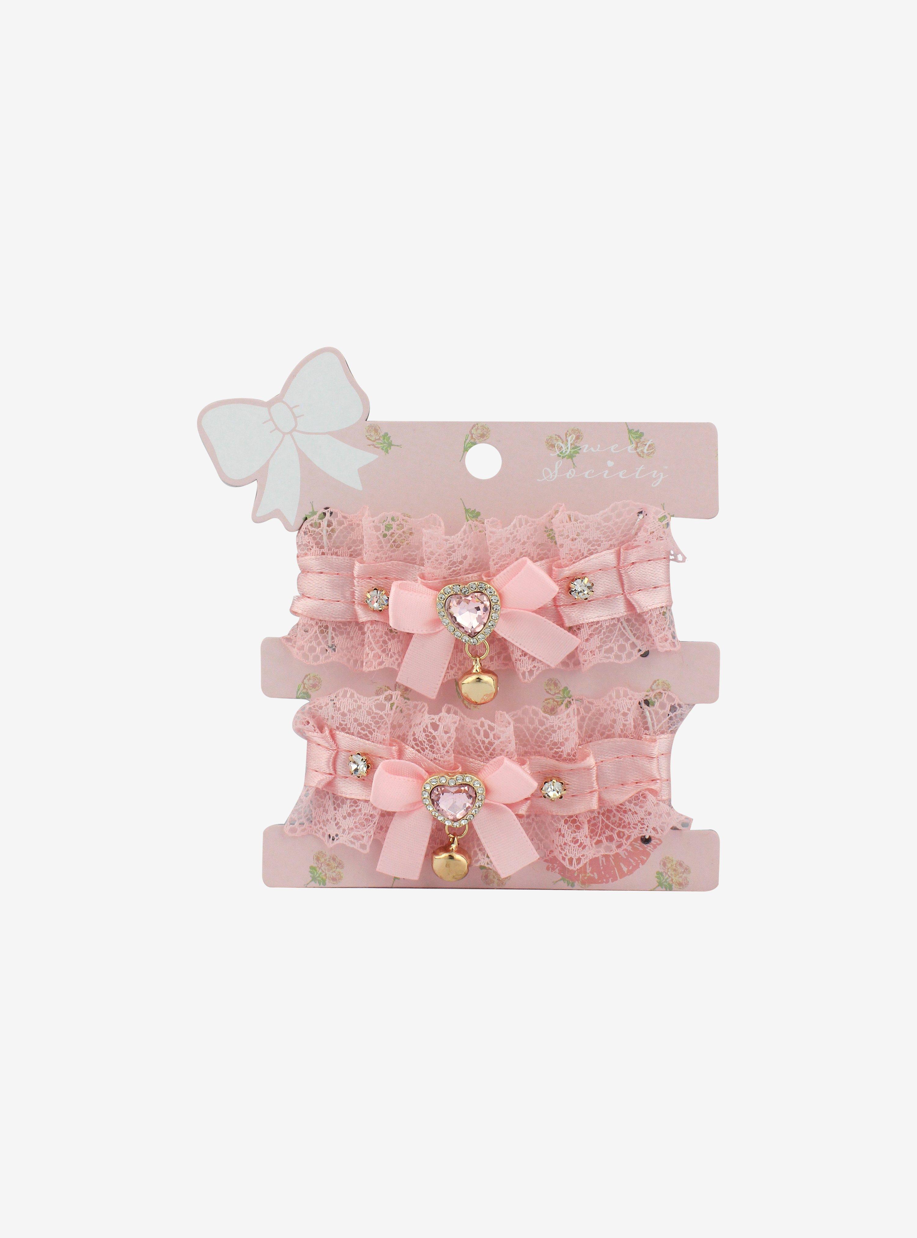 Pink Rhinestone Heart Lace Bracelet Cuff Set, , hi-res