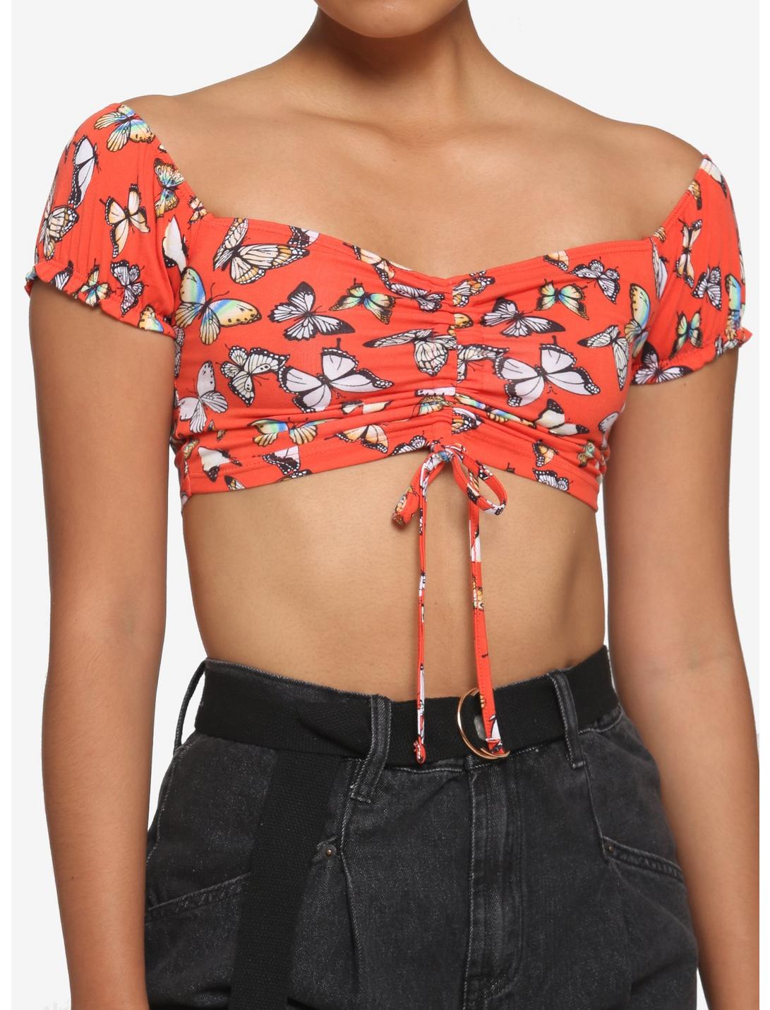 Bright Butterfly Ruched Off-The-Shoulder Girls Crop Top, RED, hi-res
