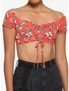 Bright Butterfly Ruched Off-The-Shoulder Girls Crop Top, , hi-res