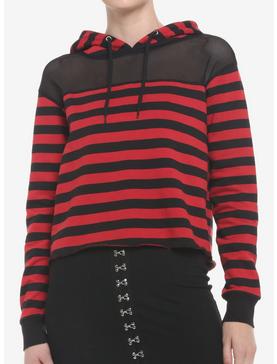 Black & Red Stripe Mesh Shoulder Crop Girls Hoodie Plus Size, , hi-res