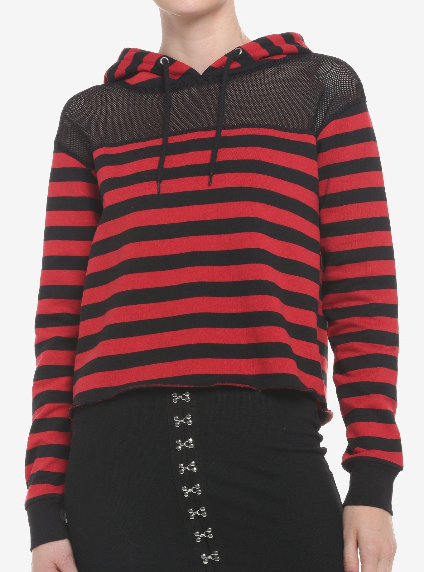 Black & Red Stripe Mesh Shoulder Crop Girls Hoodie, STRIPE - RED, hi-res