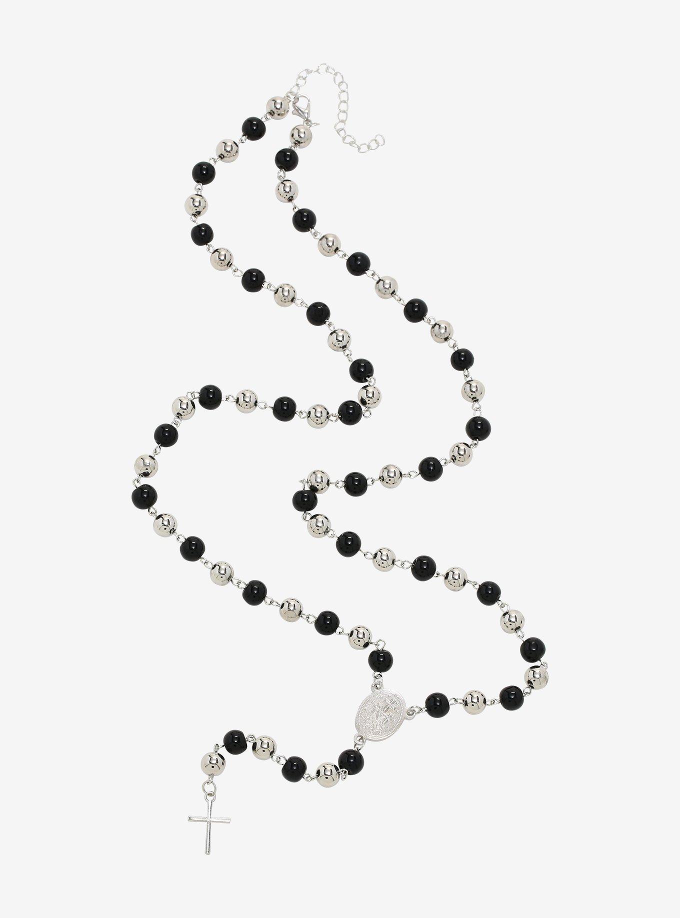 Silver Cross Beaded Rosary Necklace, , hi-res
