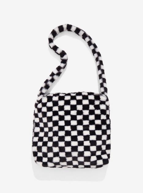Black & White Checkered Fuzzy Tote Bag | Hot Topic