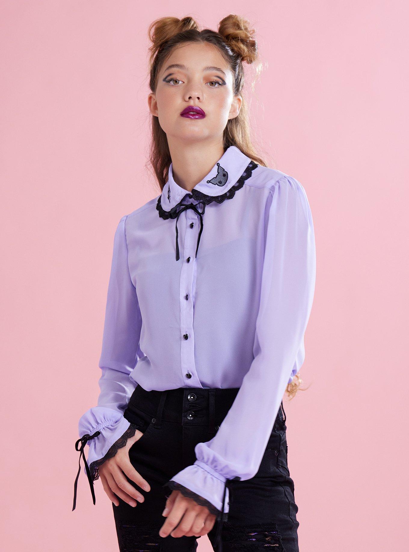 Kuromi Lavender Sheer Girls Woven Long-Sleeve Top, BLACK, hi-res
