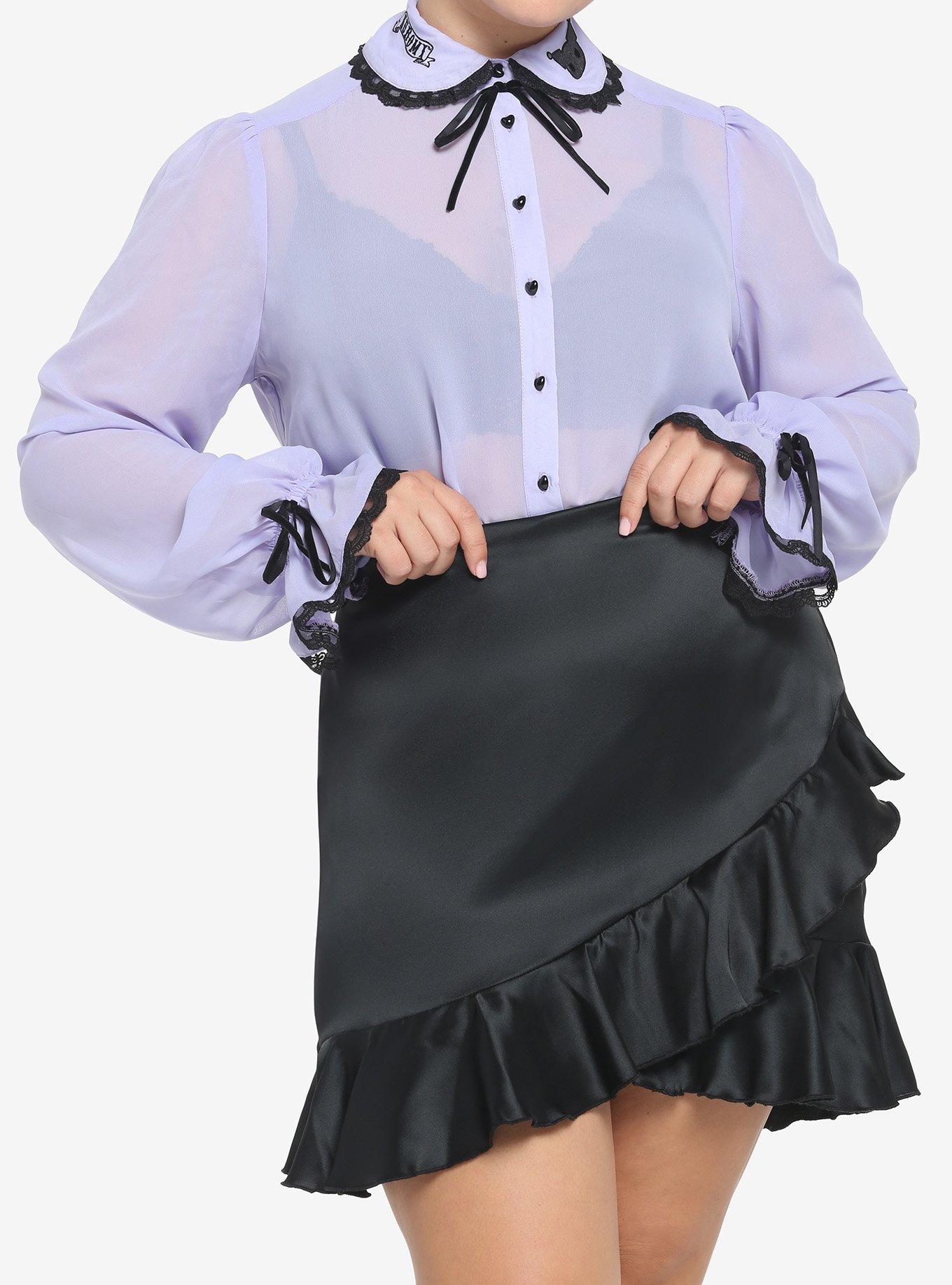 Kuromi Lavender Sheer Woven Long-Sleeve Top Plus Size, PURPLE, hi-res