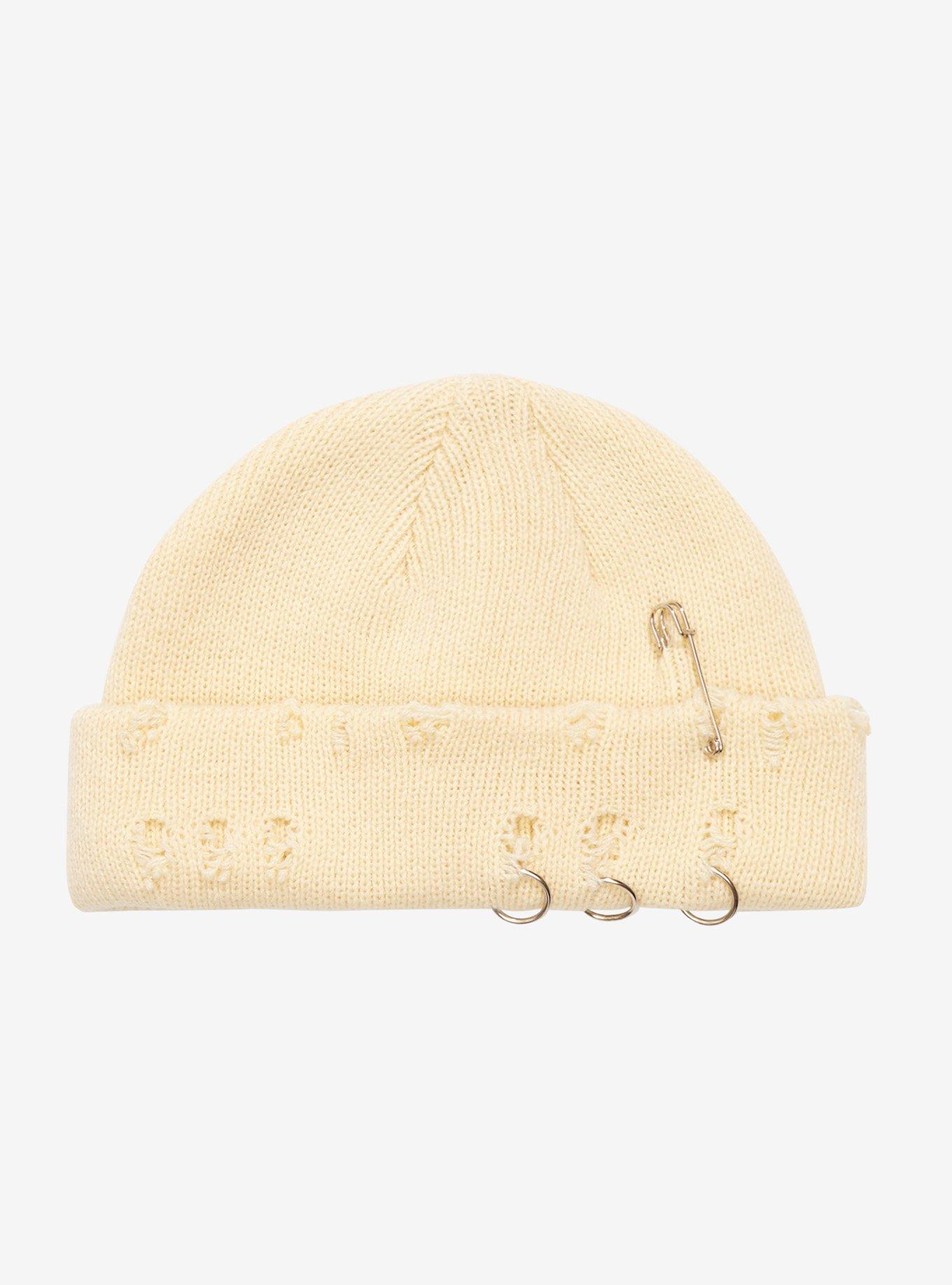 Cream Distressed Pierced Beanie, , hi-res