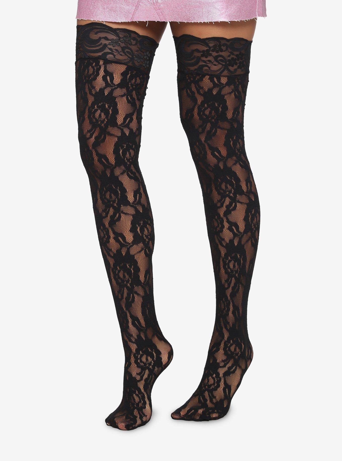 Leg Avenue Black Rose Thigh Highs, , hi-res