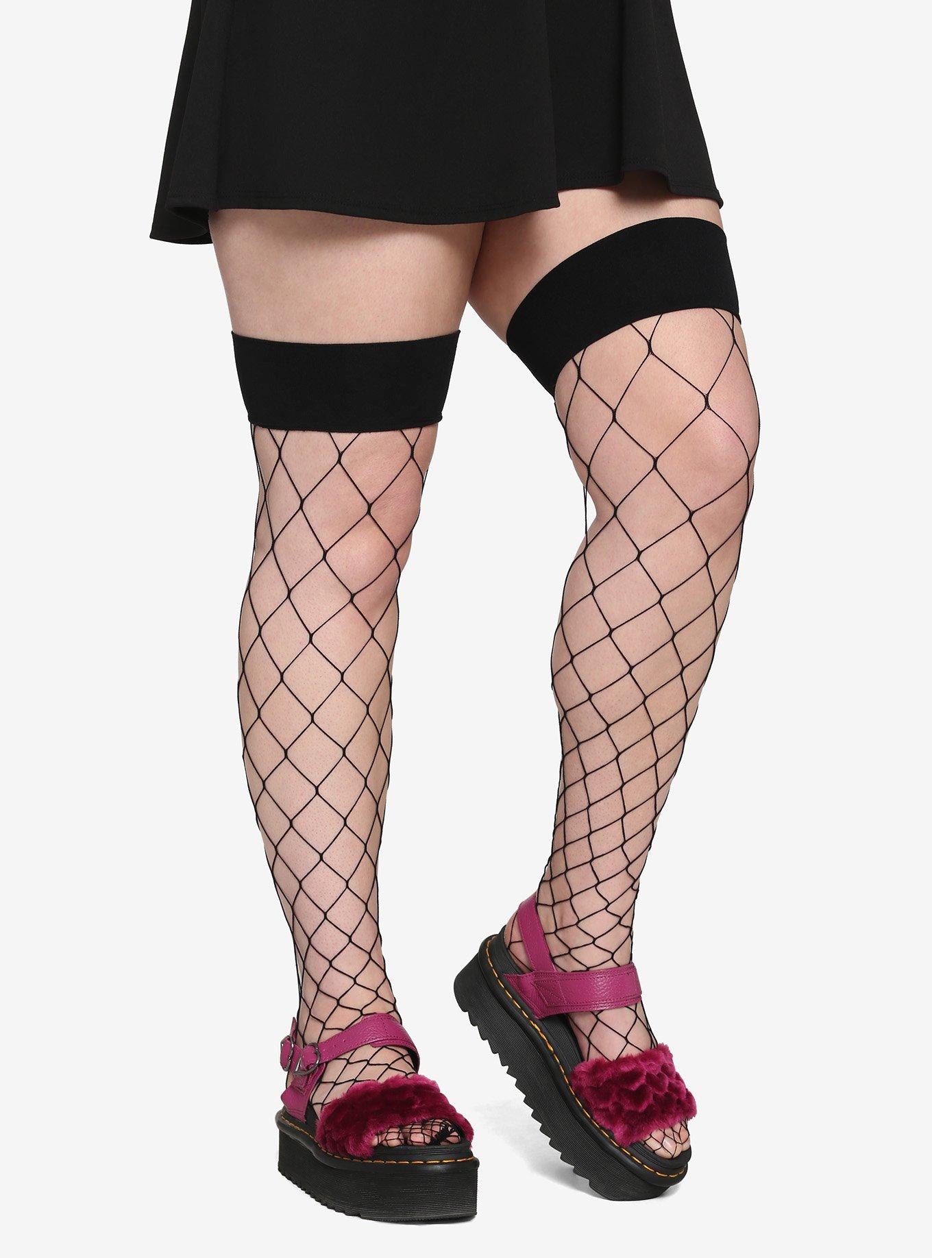 Leg Avenue Black Fishnet Thigh Highs Plus Size, , hi-res
