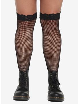 Black Fishnet Lace Cuff Thigh Highs Plus Size, , hi-res