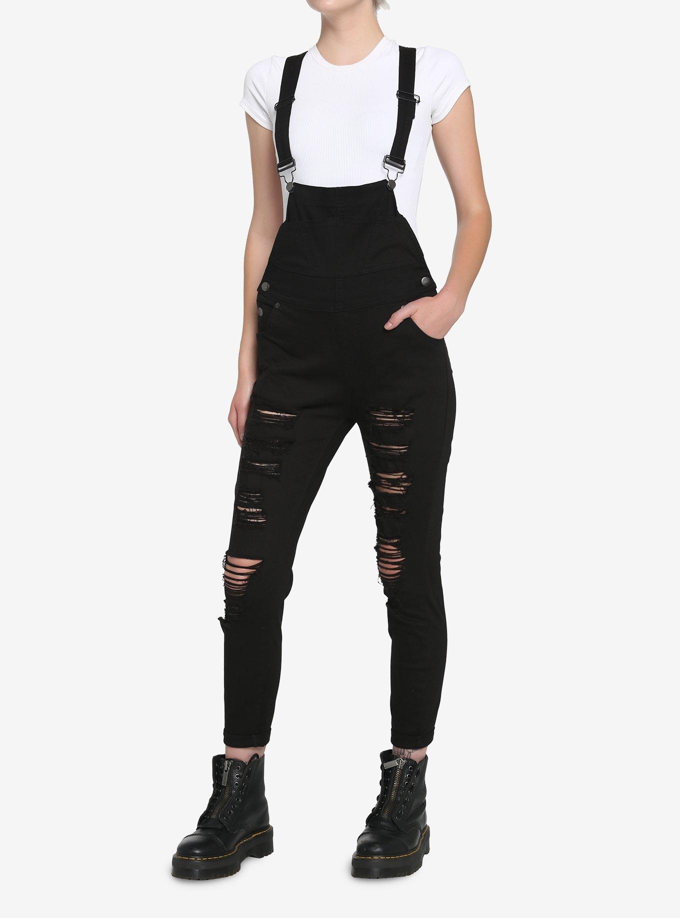 Black Destressed Overalls, BLACK, hi-res