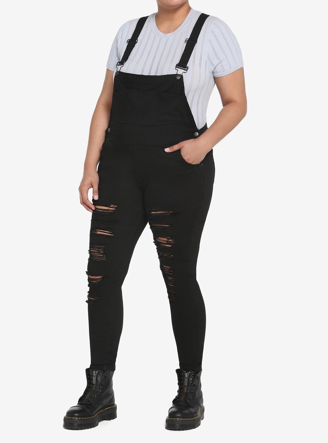 Black Destressed Overalls Plus Size, BLACK, hi-res