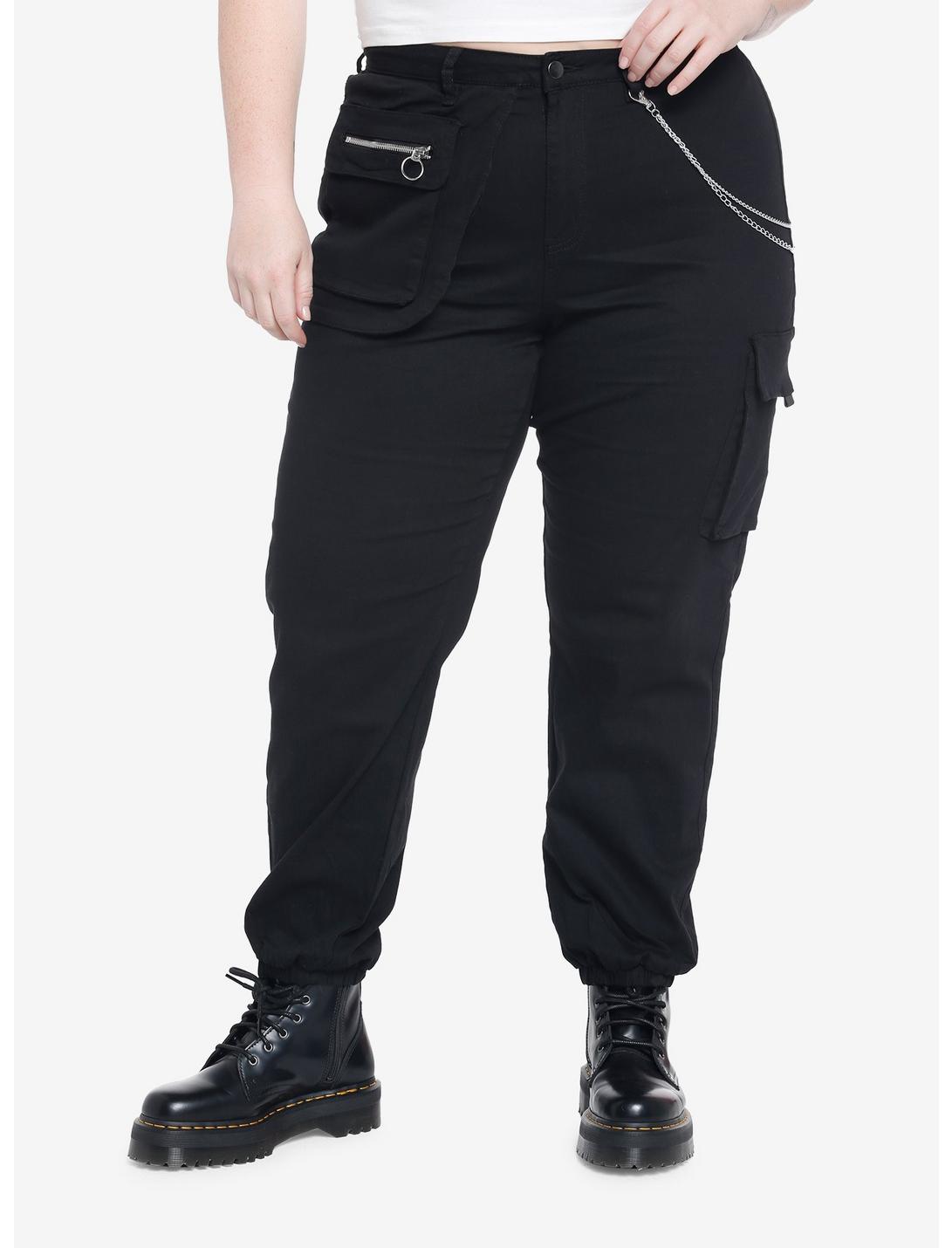 Black Side Chain Cargo Jogger Pants Plus Size, BLACK, hi-res