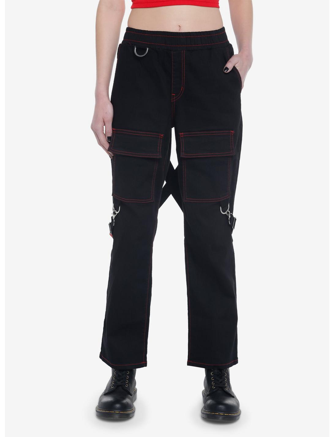 Black & Red Stitch Suspender Jogger Pants, BLACK, hi-res