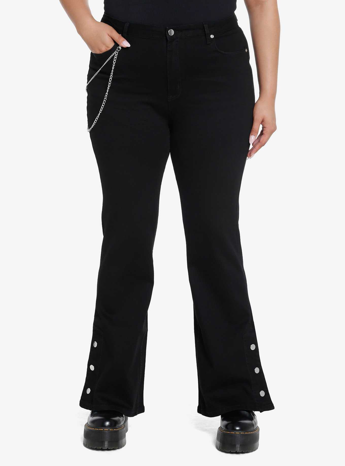 Black Side Chain Button Flare Pants Plus Size, , hi-res