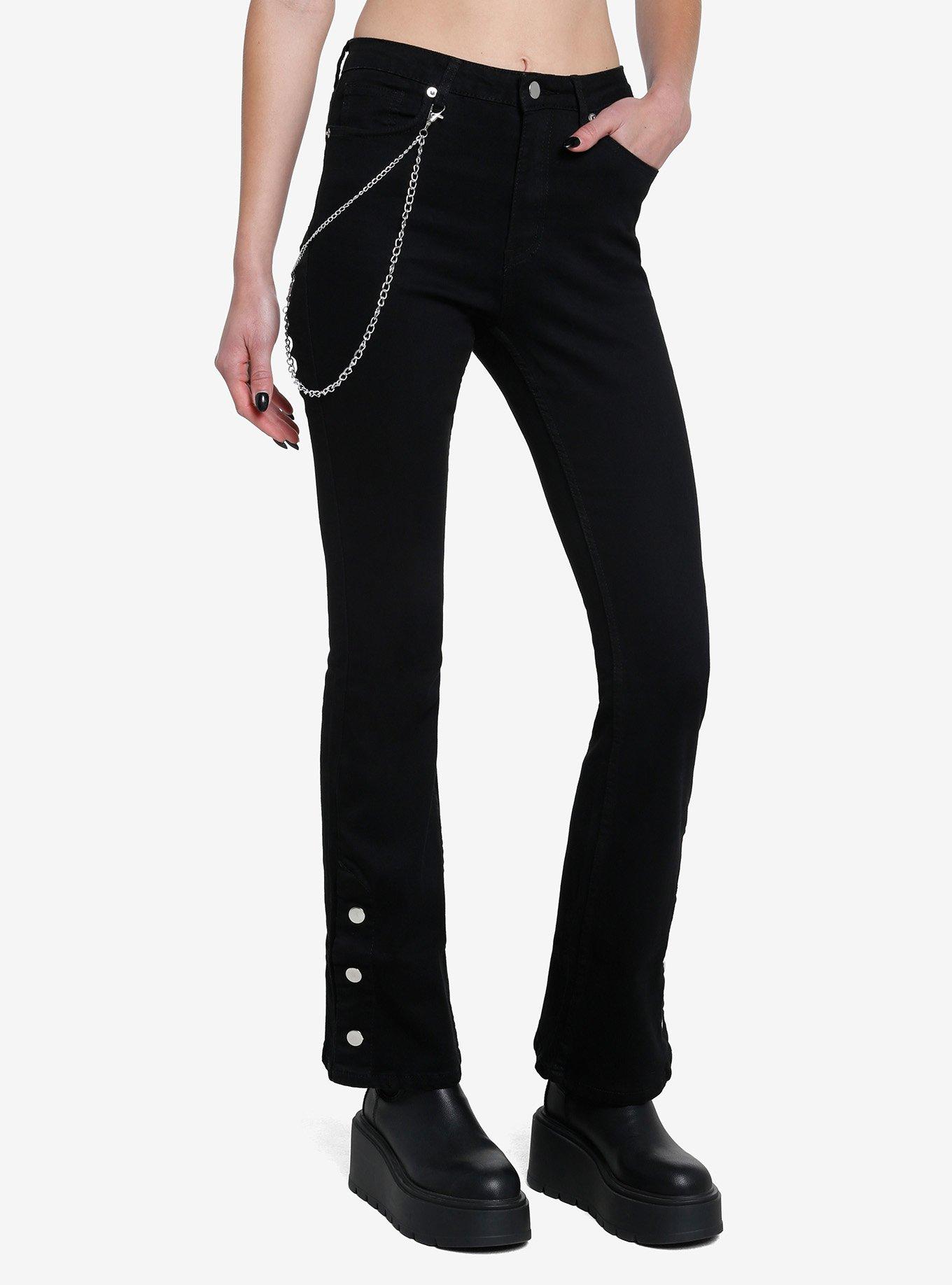 Black Side Chain Button Flare Pants, BLACK, hi-res