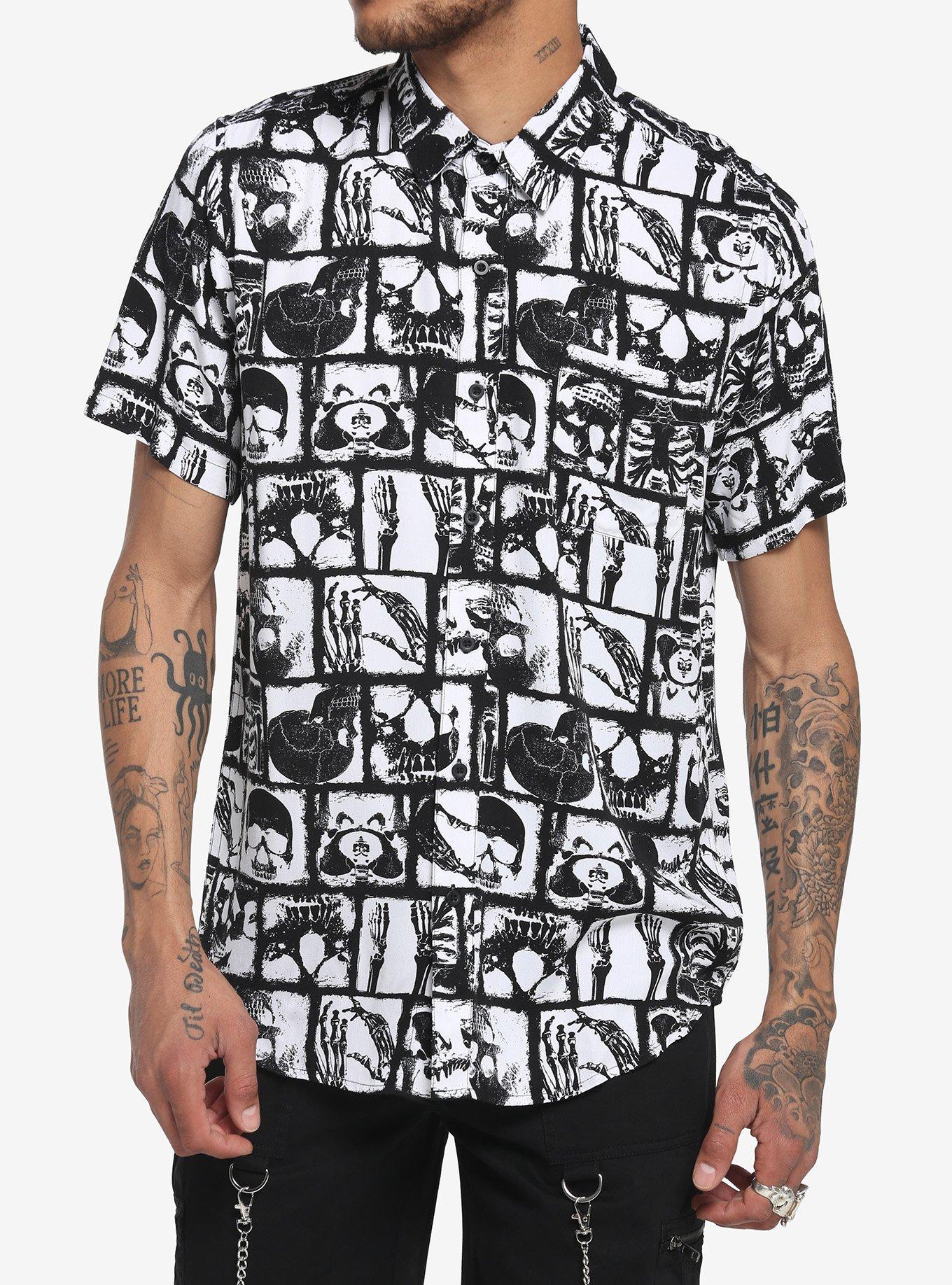 Black & White Skeletal Anatomy Woven Button-Up, BLACK, hi-res