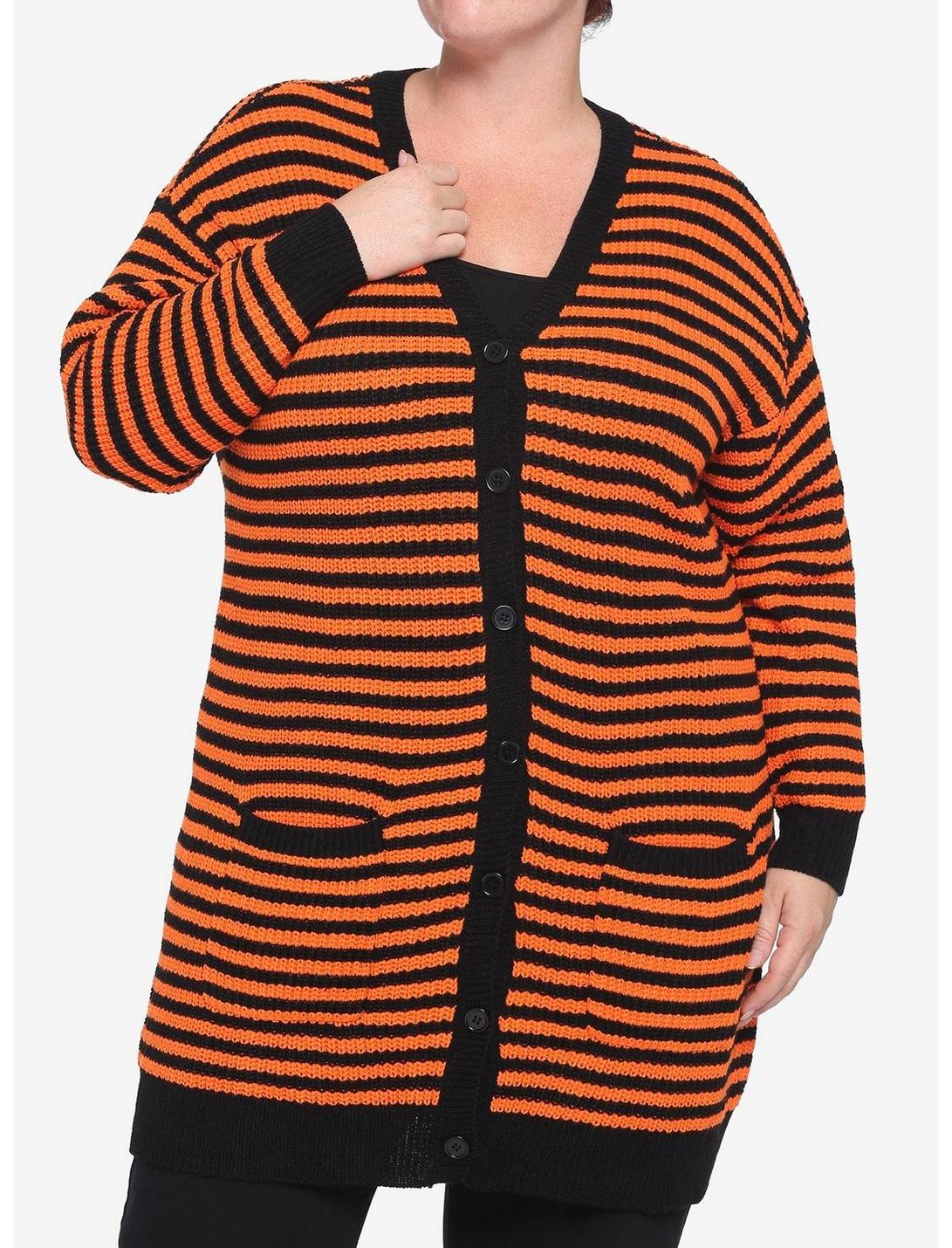 Orange & Black Stripe Oversized Girls Cardigan Plus Size, STRIPES - ORANGE, hi-res