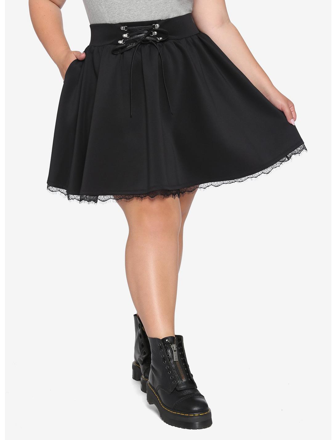 Black Lace-Up Skater Skirt Plus Size, BLACK, hi-res