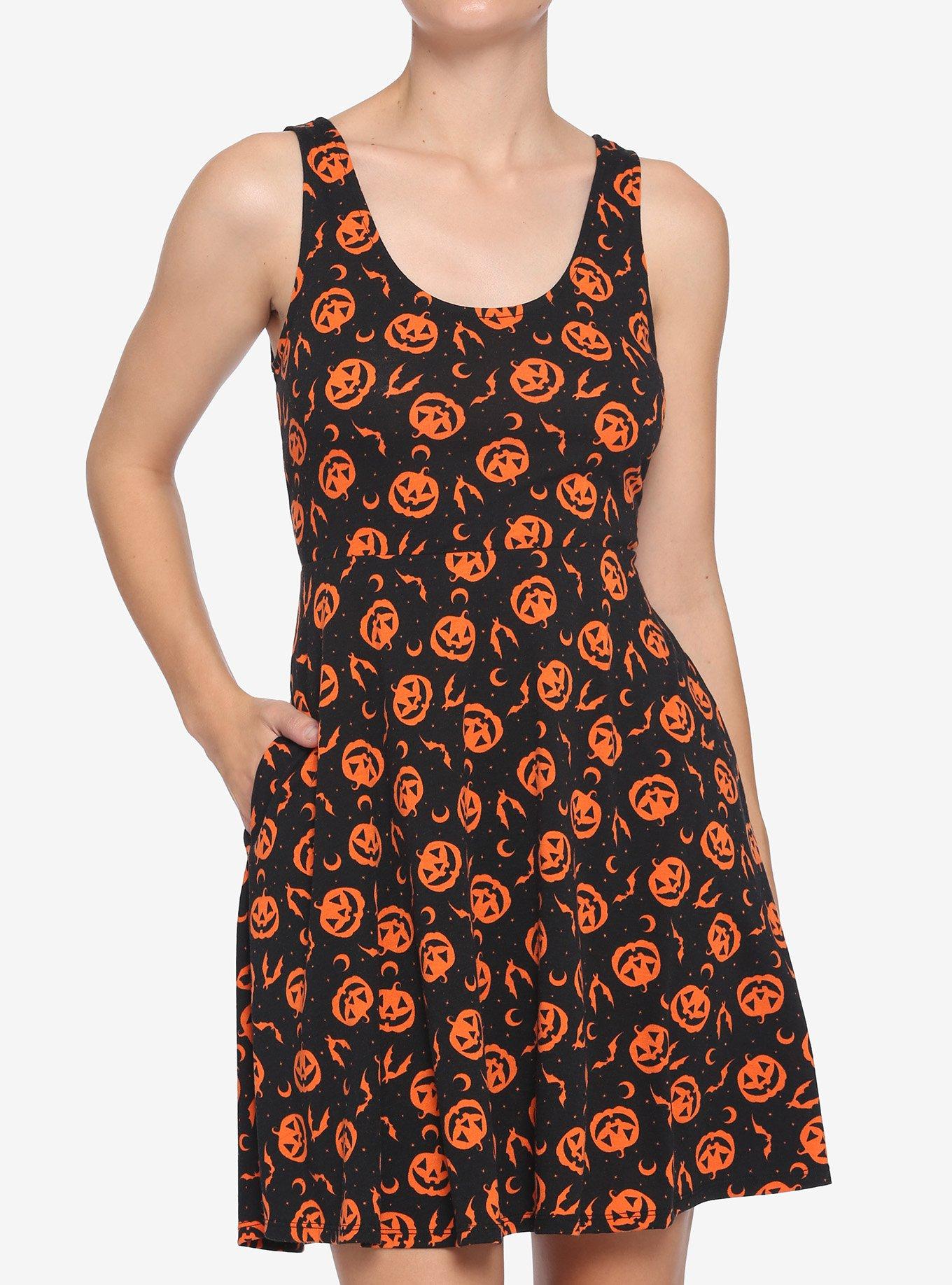 Black & Orange Pumpkin Dress, BLACK, hi-res