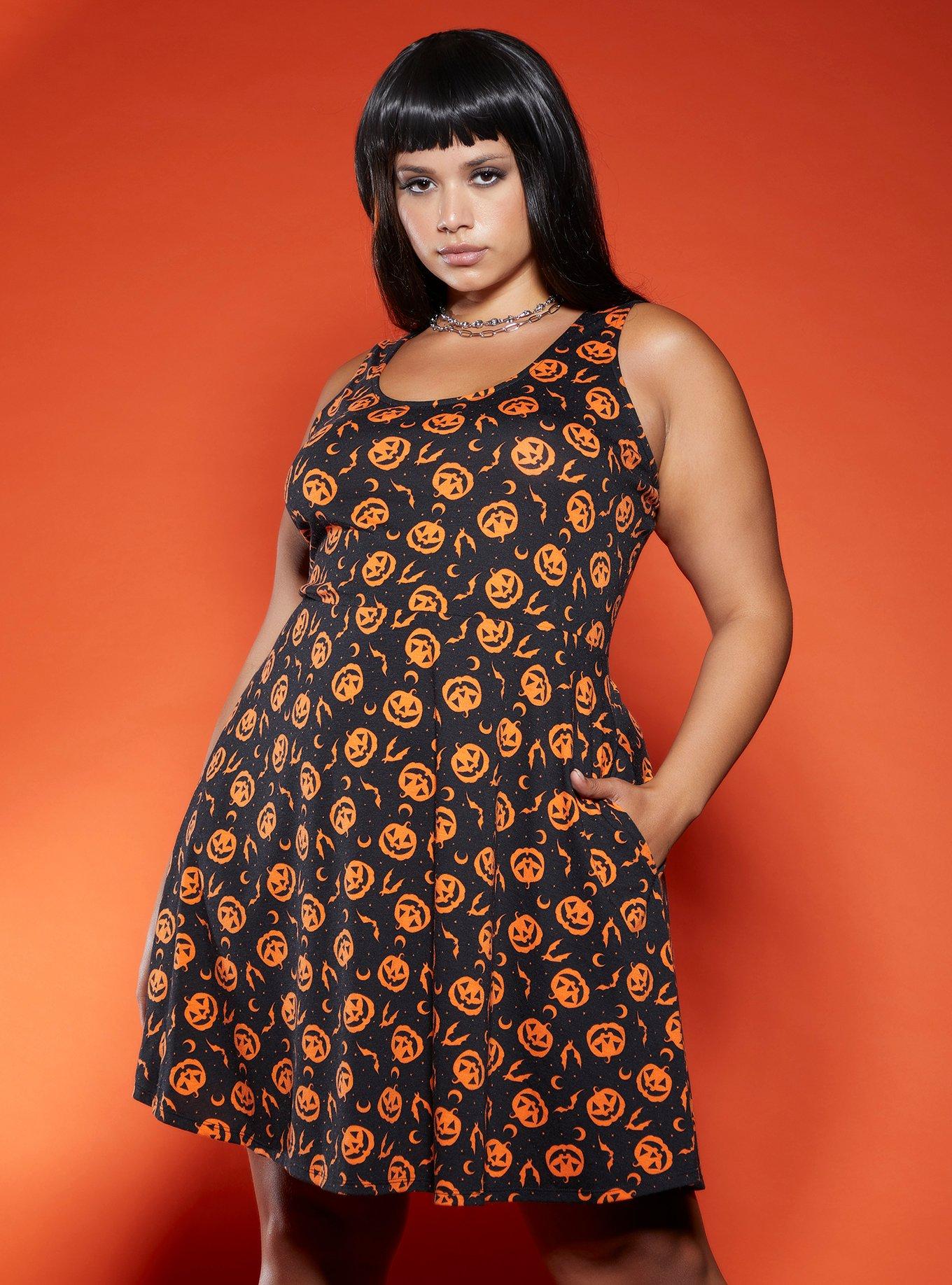 Black & Orange Pumpkin Dress Plus Size, BLACK, hi-res
