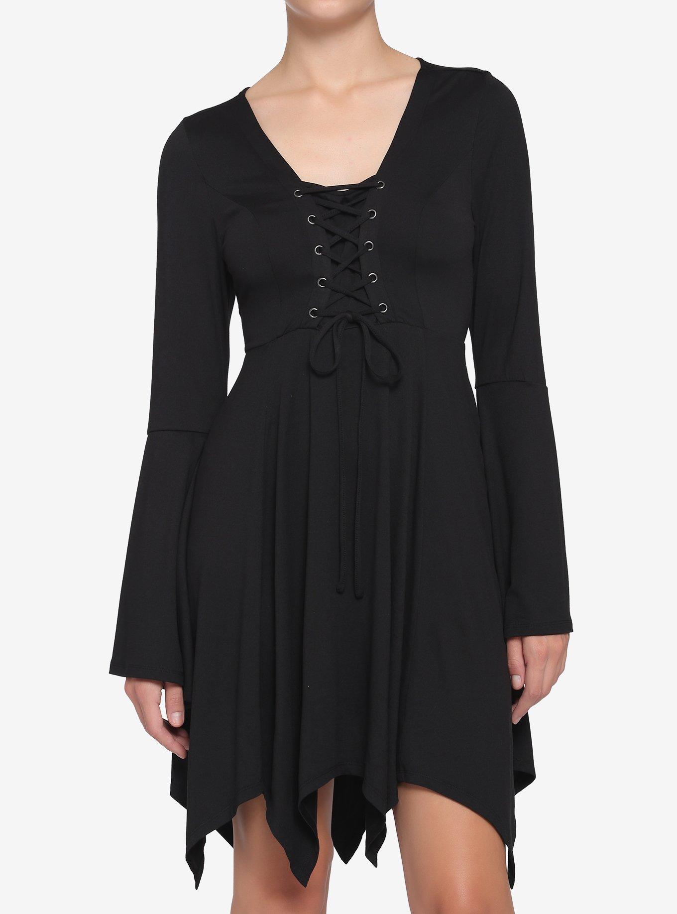 Black Lace-Up Hanky Hem Dress, BLACK, hi-res