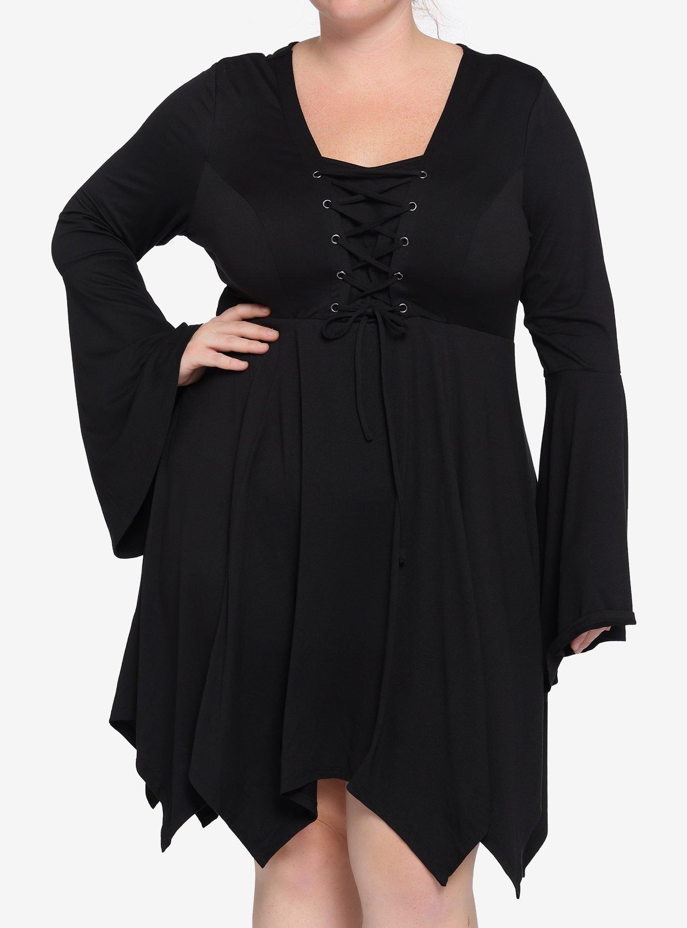 Black Lace-Up Hanky Hem Dress Plus Size, BLACK, hi-res