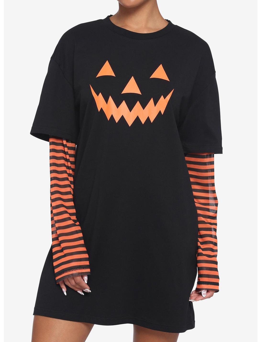 Orange & Black Stripe Pumpkin Twofer T-Shirt Dress, BLACK, hi-res
