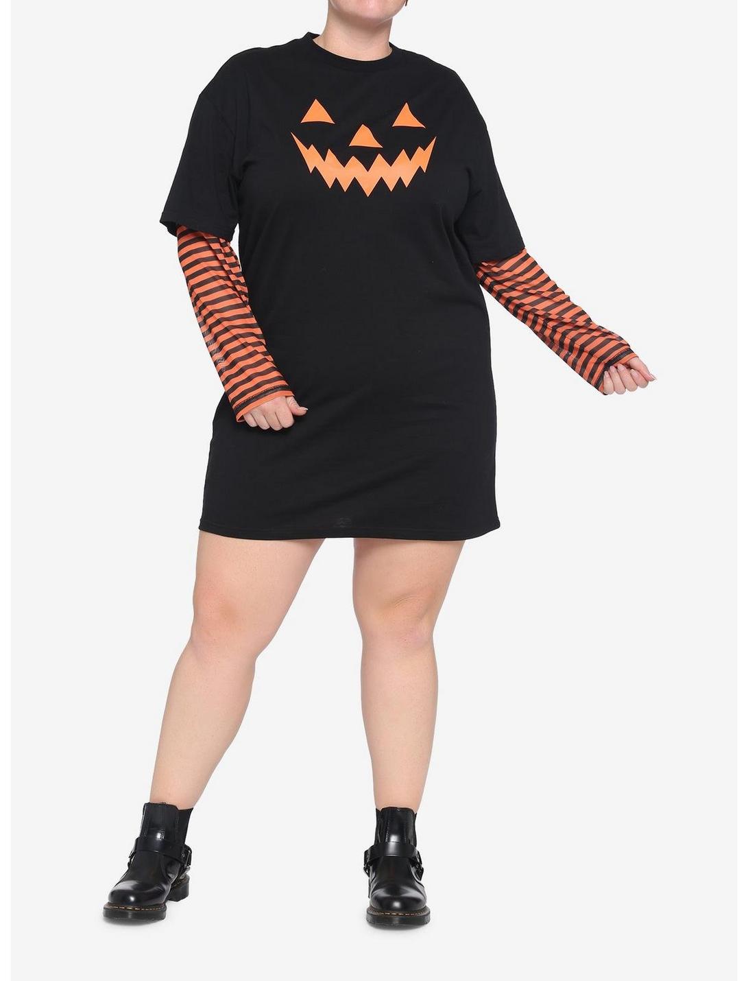 Orange & Black Stripe Pumpkin Twofer T-Shirt Dress Plus Size, BLACK, hi-res