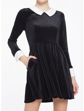 Black Velvet Cuffs & Collar Long-Sleeve Dress, , hi-res