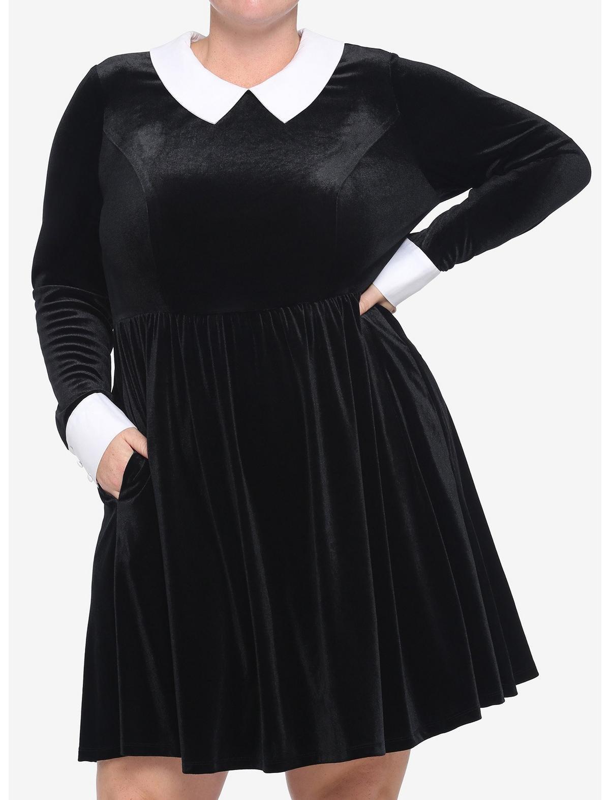Black Velvet Cuffs & Collar Long-Sleeve Dress Plus Size
