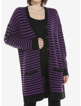 Purple & Black Stripe Button-Front Oversized Girls Cardigan, , hi-res