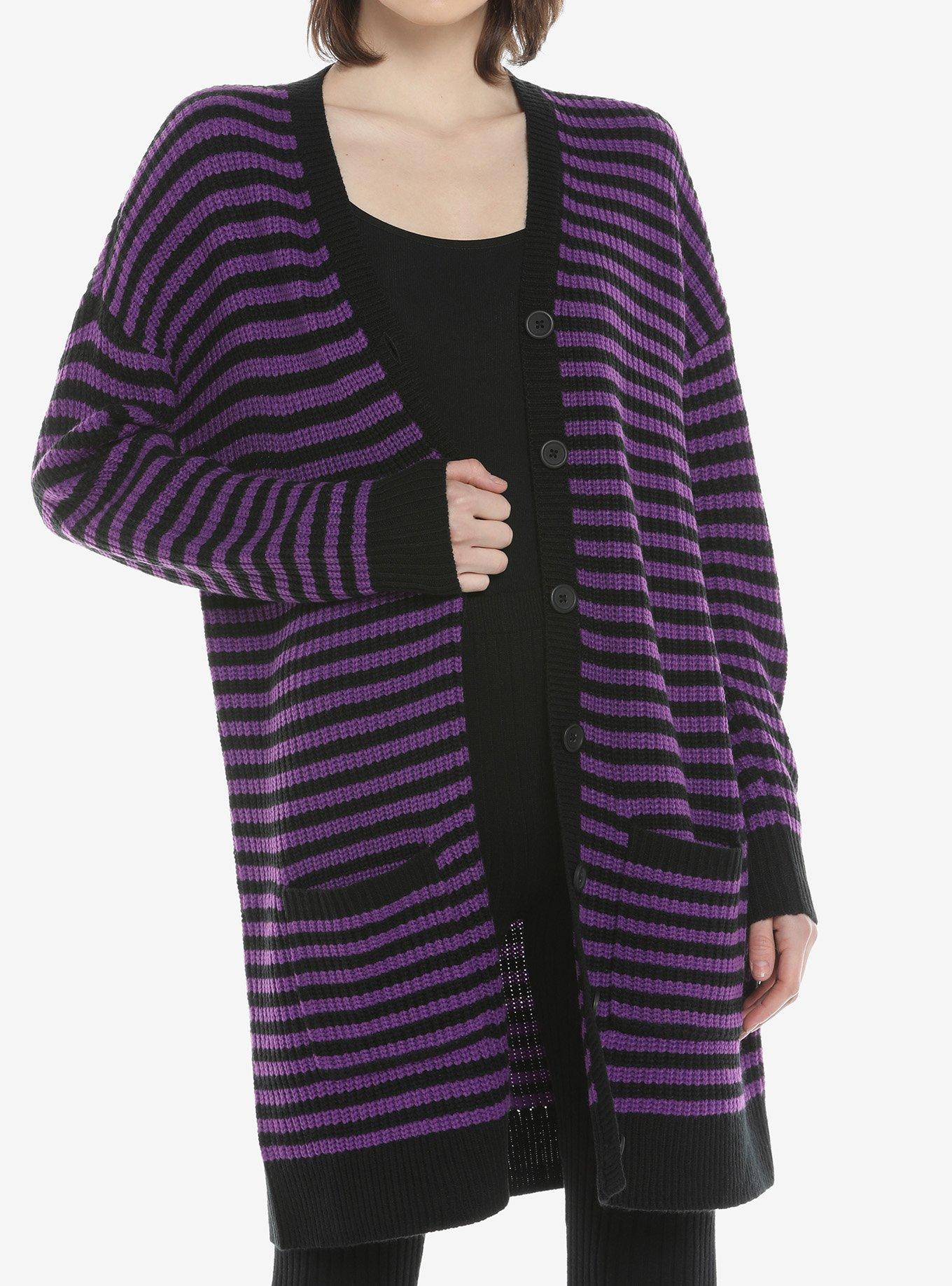 Purple & Black Stripe Button-Front Oversized Girls Cardigan, STRIPE - PURPLE, hi-res