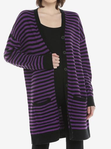 Purple Black Stripe Button-Front Oversized Girls Cardigan Hot