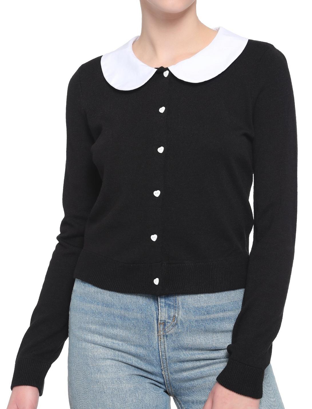 Black & White Collar Girls Crop Cardigan, BLACK, hi-res