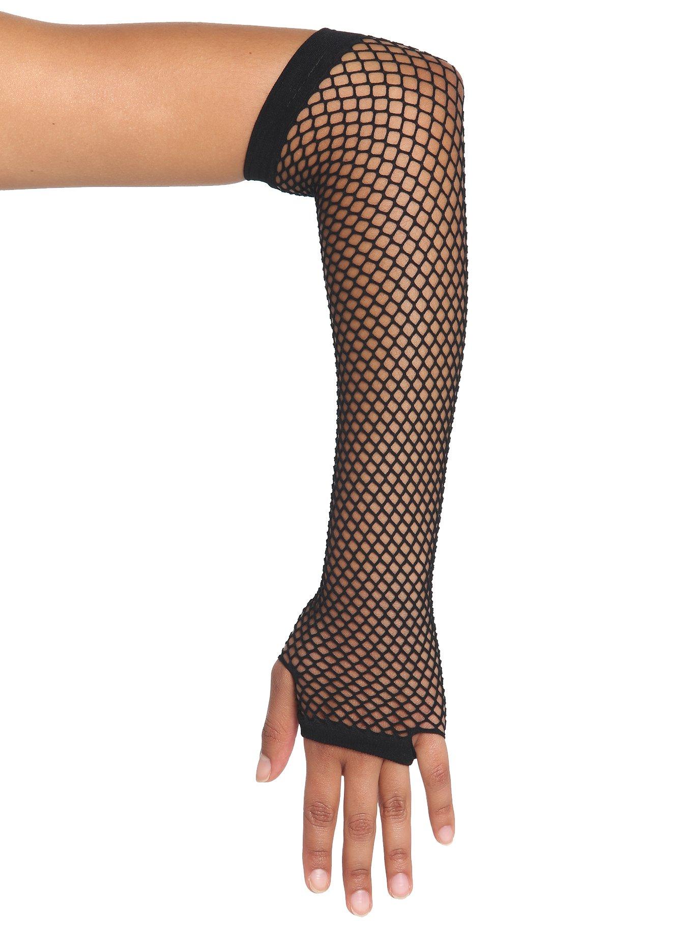 Black Fishnet Fingerless Arm Warmers, , hi-res