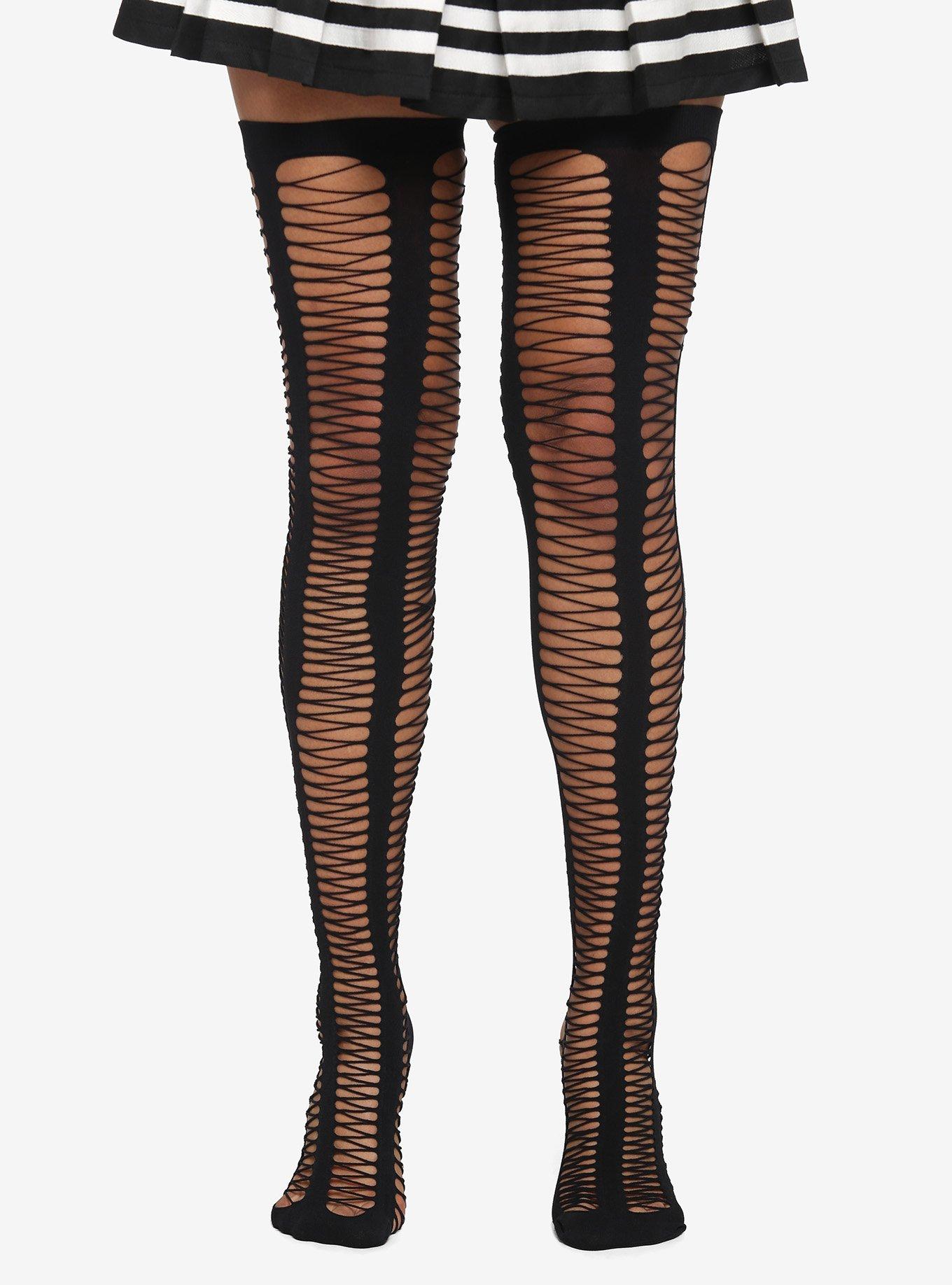 Distressed Striped Thigh Highs, , hi-res