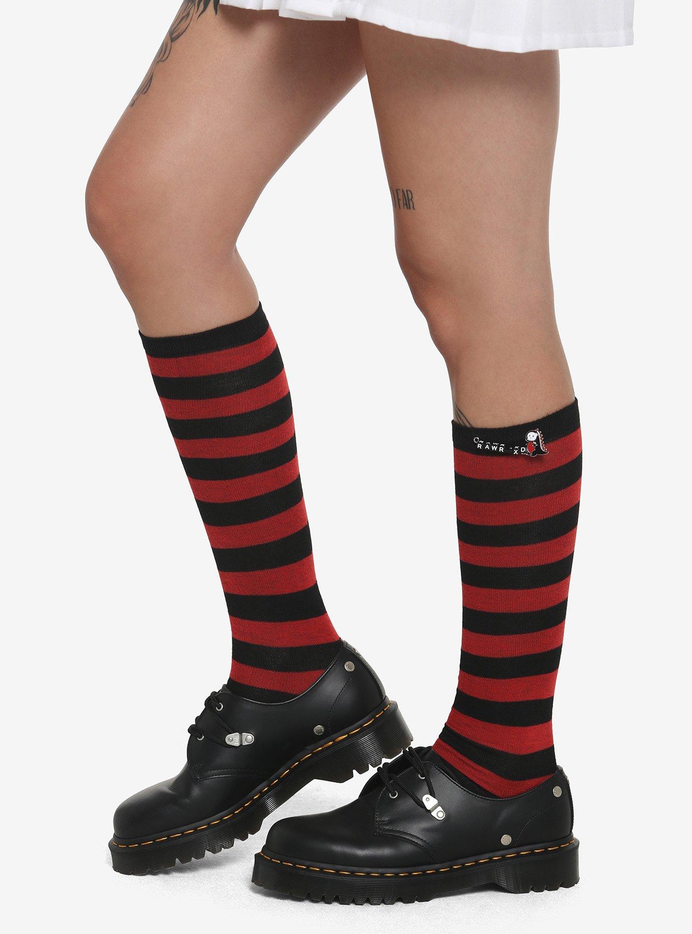 Red & Black Stripe Rawr XD Safety Pin KneeHigh Socks Hot Topic