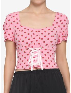 Strawberry Lace-Up Girls Crop Woven Top, , hi-res