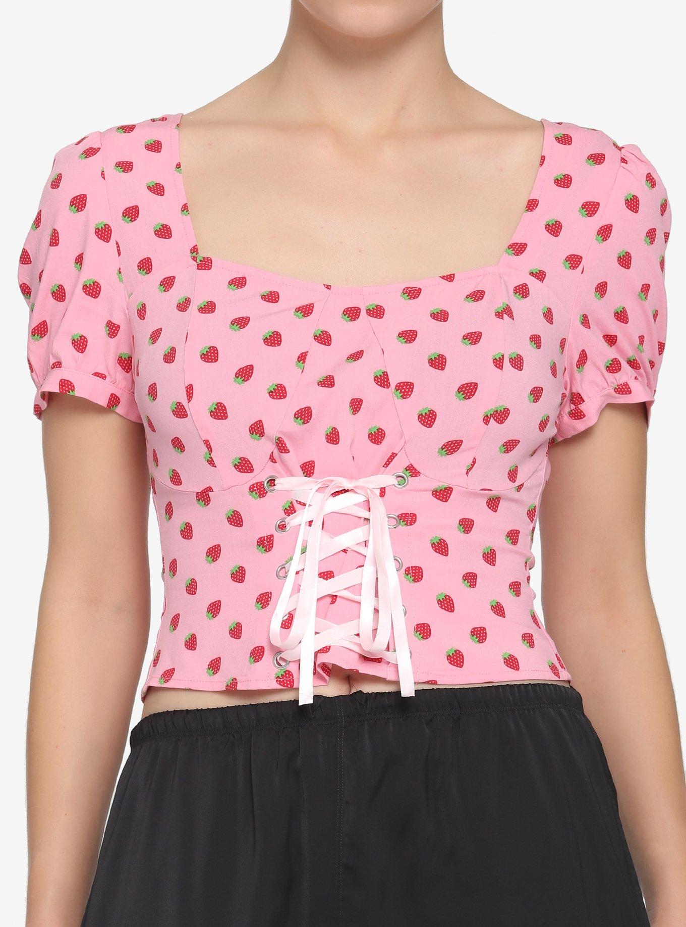 Strawberry Lace-Up Girls Crop Woven Top, PINK, hi-res