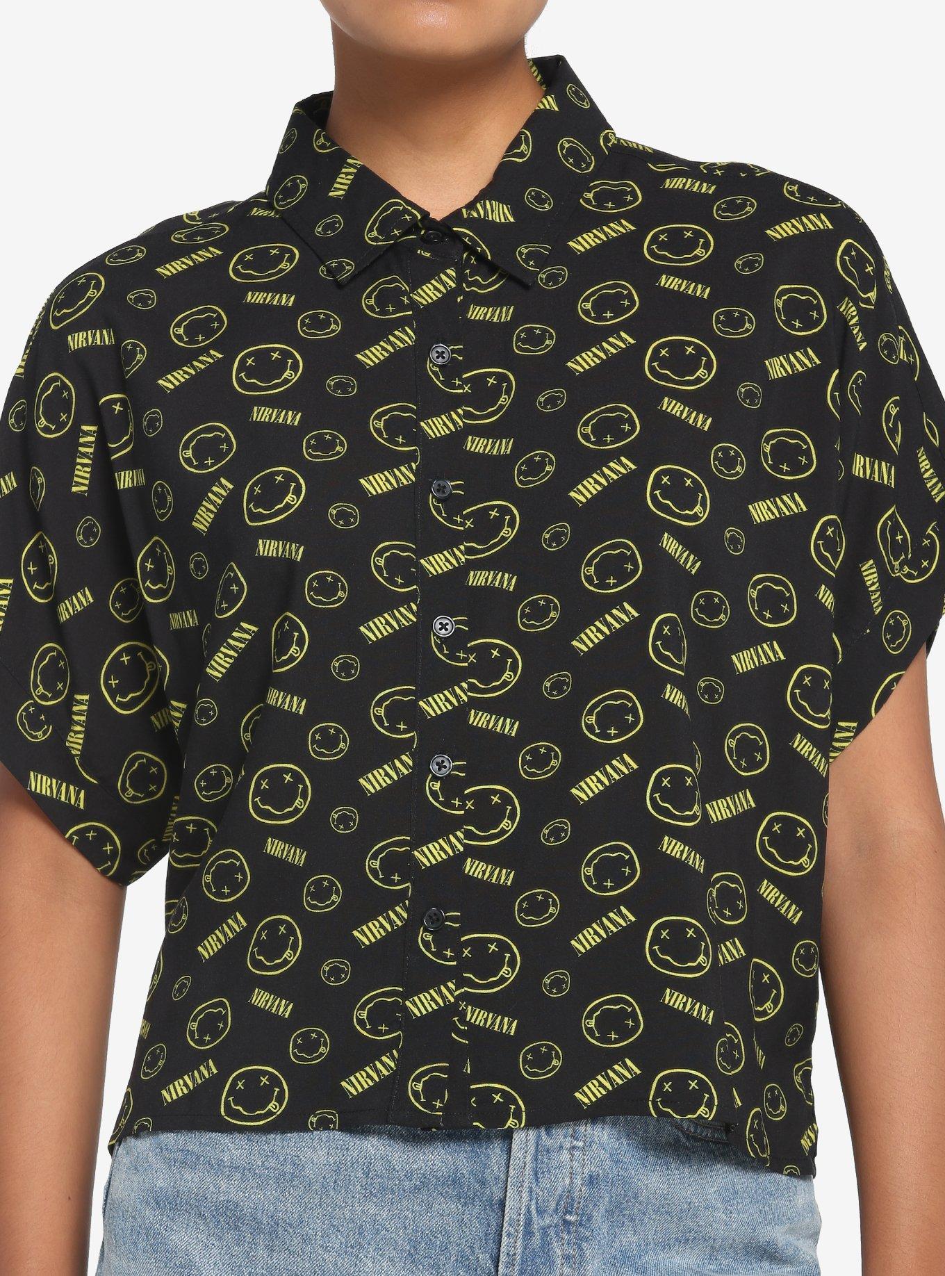 Nirvana Logo Boxy Girls Crop Woven Button-Up, BLACK, hi-res